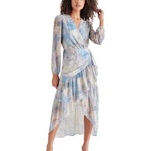 Elegant Blue and Cream Wrap Dress